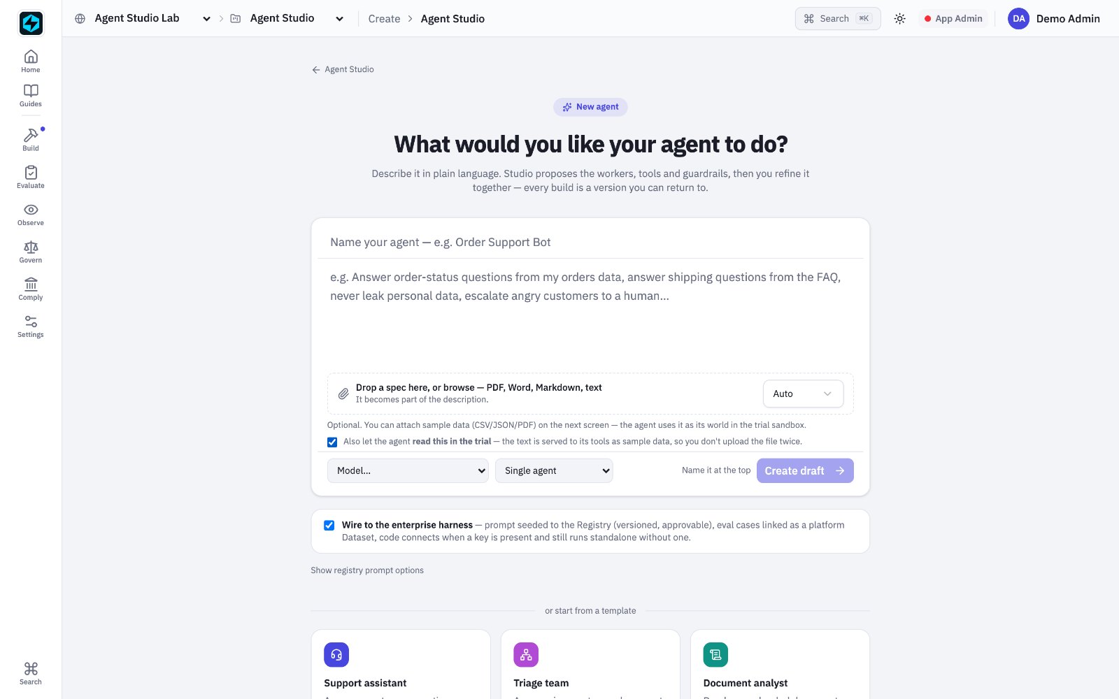 Agent Studio — describe what your agent should do in plain language