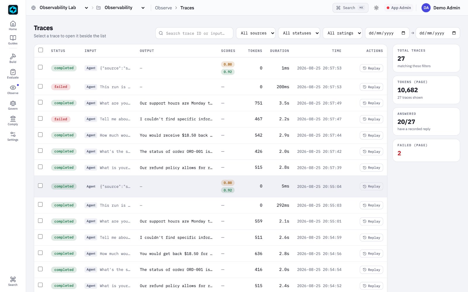 Traces list with status, scores, tokens, duration and Replay action