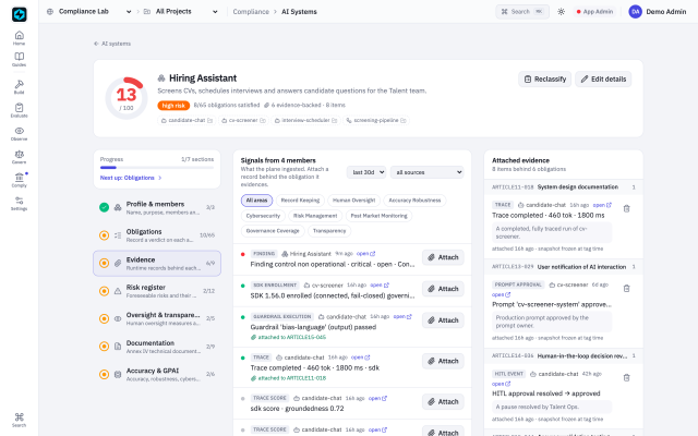 Compliance evidence in the FastAIAgent console