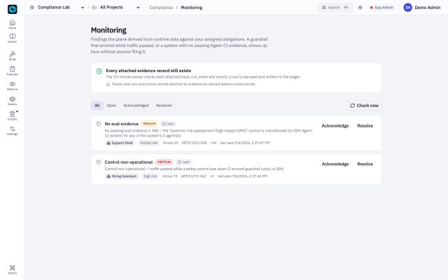 Compliance evidence in the FastAIAgent console