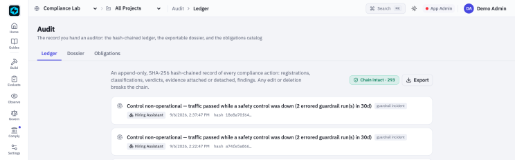 Compliance evidence in the FastAIAgent console