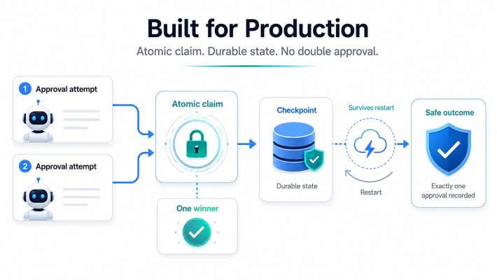 Built for production: atomic claim, durable state, no double approval