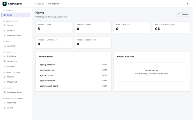 The FastAIAgent Local UI home page
