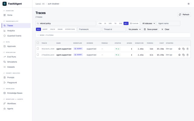 Traces list in the Local UI