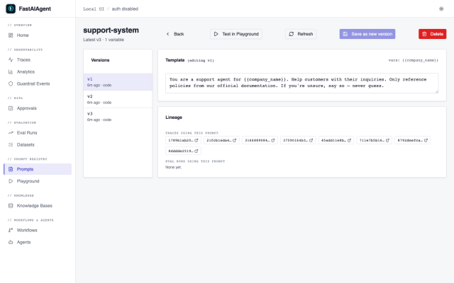 Prompt detail page in the Local UI