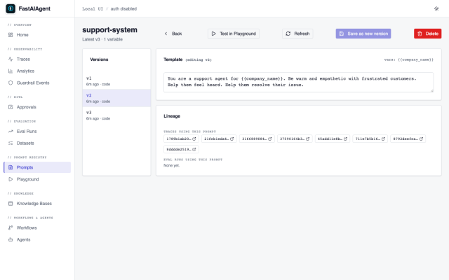 Lineage panel listing traces per prompt version