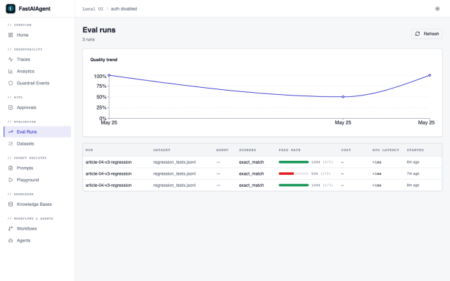 Eval runs showing the v3 regression suite
