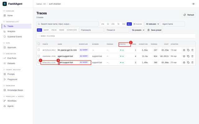 Local UI traces list
